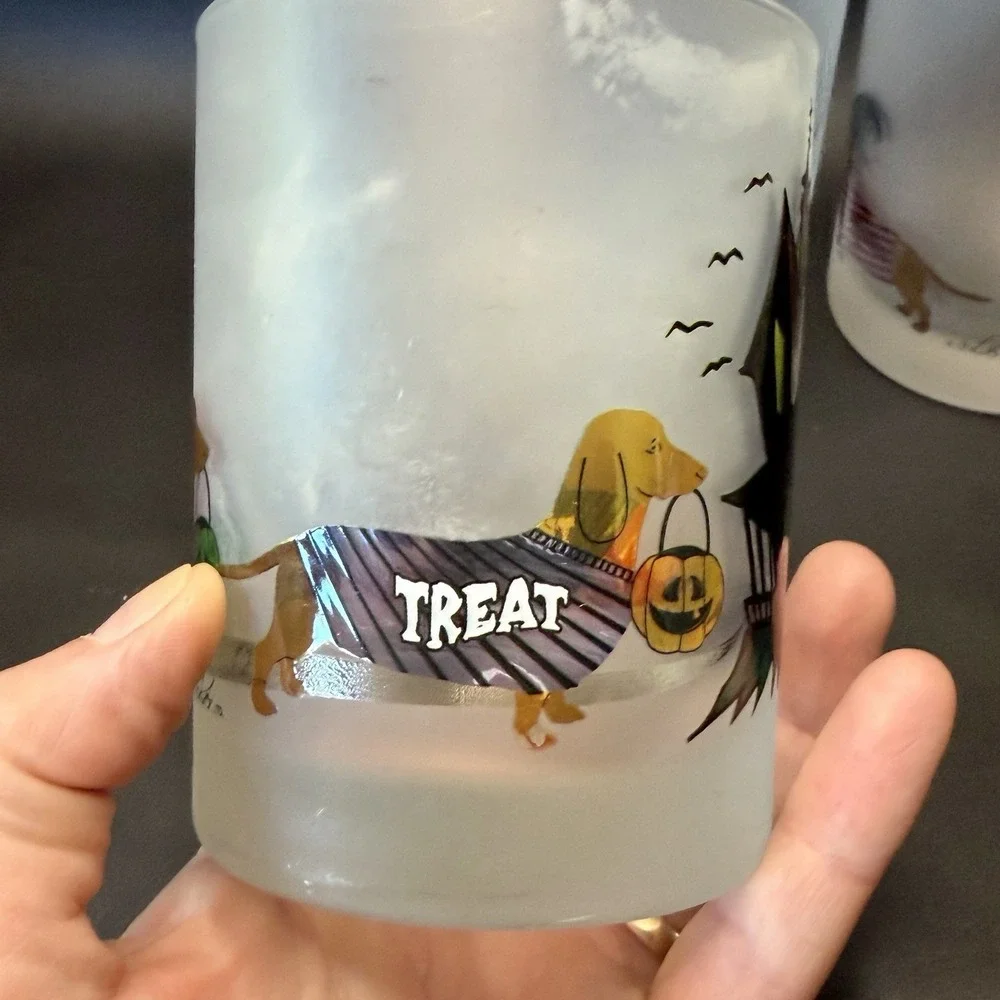Culver Frosted Halloween Lowball Glasses Set of 3 Weiner Dog Puppy Spooky FUN